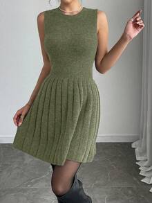 Elenzga Conjunto de 2 piezas de mujer con cárdigan de botones de unicolor elegante y vestido de suéter para otoño/invierno - Verde - Ver 4