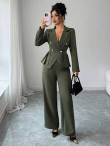 Elenzga Áo khoác blazer dáng ôm tay dài màu xanh quân đội thanh lịch dành cho nữ, ve vai màu xanh lá cây, cài nút kim loại, viền bất đối xứng, xếp nếp + Quần ống đứng dáng ôm thiết kế túi màu xanh quân đội thanh lịch dành cho nữ, Xuân/Thu - xanh quân đội - Xem 4