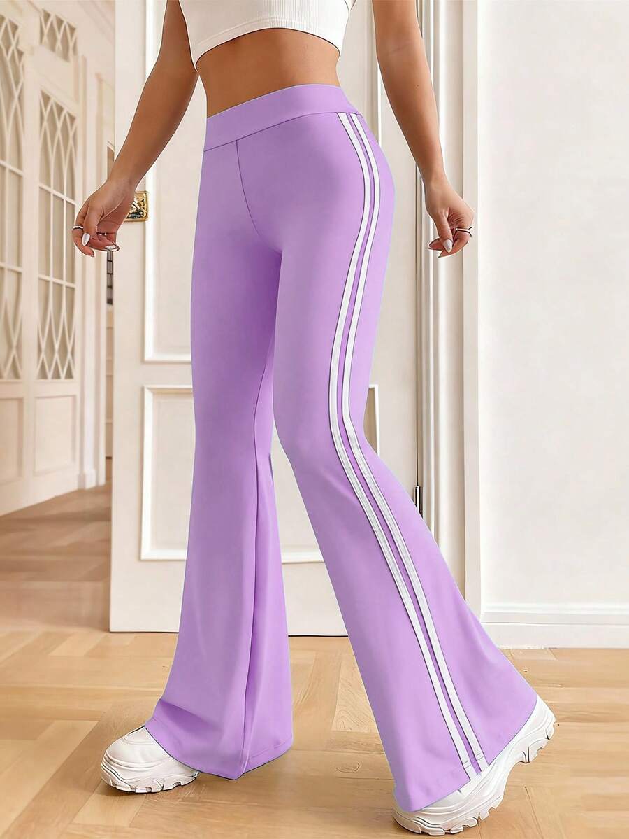 SHEIN 青少年女孩学院风休闲条纹绿色裤子 - 紫色 - 查看 1