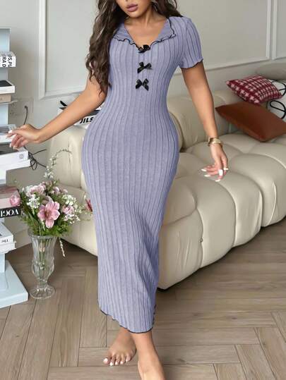 SHEIN Elegant Bow Contrast Color Knitted Dress, Women Loungewear Lavender Dress Ribbed Dress Bodycon Dress Bow Detail Dress Short Sleeve Dress