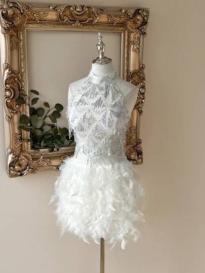 Lovelzi 优雅奢华黑色串珠刺绣手工钻石羽毛装饰短款露背鸡尾酒礼服