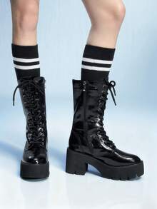 Sugerpunk 女士时尚黑色厚底摩托车中筒靴，街头风格 - 黑色 - 查看 12