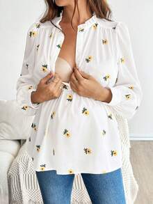 SHEIN Nursing Raglan Long Sleeve Ruched Stand Collar Sunflower All-Over Print Ruffle Hem Top