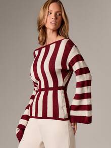 AiiRZ Suéter de tricô com ombros à mostra e detalhe de cinto para looks casuais de outono e inverno