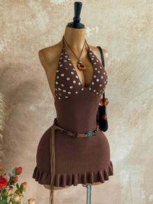 Soleia Váy ngắn cài nút cổ tròn, viền bèo nhún, hở lưng, dáng rộng mới, phù hợp cho kỳ nghỉ ở Ibiza, dễ thương và gợi cảm trên bãi biển, tiệc câu lạc bộ bãi biển, hẹn hò, ngày lễ tình nhân, lễ Phục sinh, lễ hội hóa trang, trà chiều, du ngoạn trên biển, kỳ nghỉ trên phố thành phố, mùa thu/đông, váy dày vừa phải - Cà phê nâu - Xem 6