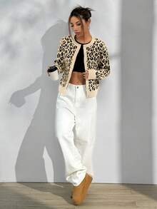 SHEIN Unity Casual Loose Leopard Print Cardigan, Autumn/Winter - Multicolor - View 3
