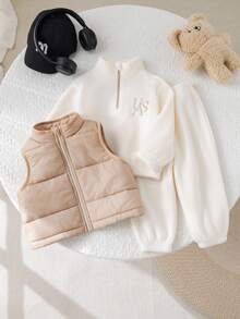 SHEIN 2 件套女婴可爱百搭保暖内衬连帽衫和裤子套装，秋冬 - 卡其色 - 查看 3