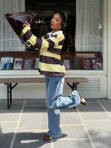 Muchica 女士休闲日常通勤字母刺绣撞色条纹图案 Polo 领落肩宽松 T 恤，春/秋 - 彩色 - 查看 6