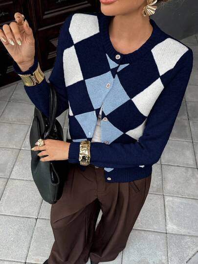 Pariaura 女式格子圆领长袖单排扣休闲针织开衫，秋冬