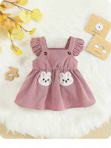 SHEIN 女嬰卡通圖案荷葉邊燈芯絨連衣裙