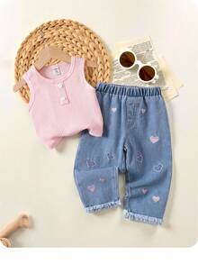 SHEIN Baby Girl Cute Summer Casual Knitted Pink Top & Heart Pattern Elastic Waist Denim Pants 2-Piece Set - Multicolor - View 1