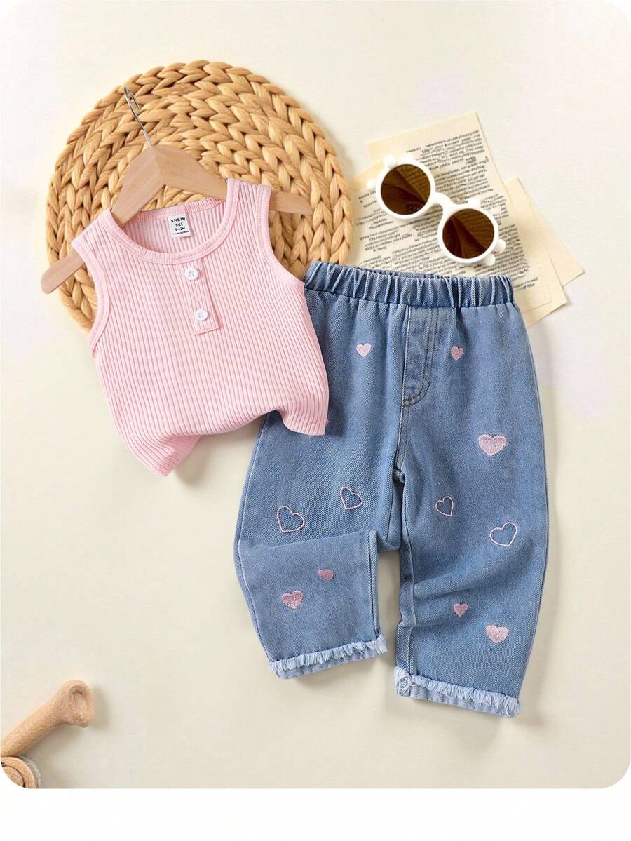 SHEIN Baby Girl Cute Summer Casual Knitted Pink Top & Heart Pattern Elastic Waist Denim Pants 2-Piece Set - Multicolor - View 1