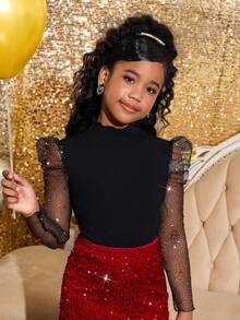 SHEIN 青少年女孩优雅立领亮片网眼拼接修身黑色 T 恤，圣诞节，黑色，亮片，闪光，派对，新年，聚会 - 黑色 - 查看 5