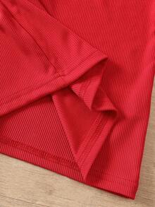 SHEIN Elladie kids Young Girls Cute Black Ribbed Long Sleeve Top Paired With Bow Decor Split Hem Skirt, Autumn/Winter T-Shirt Set