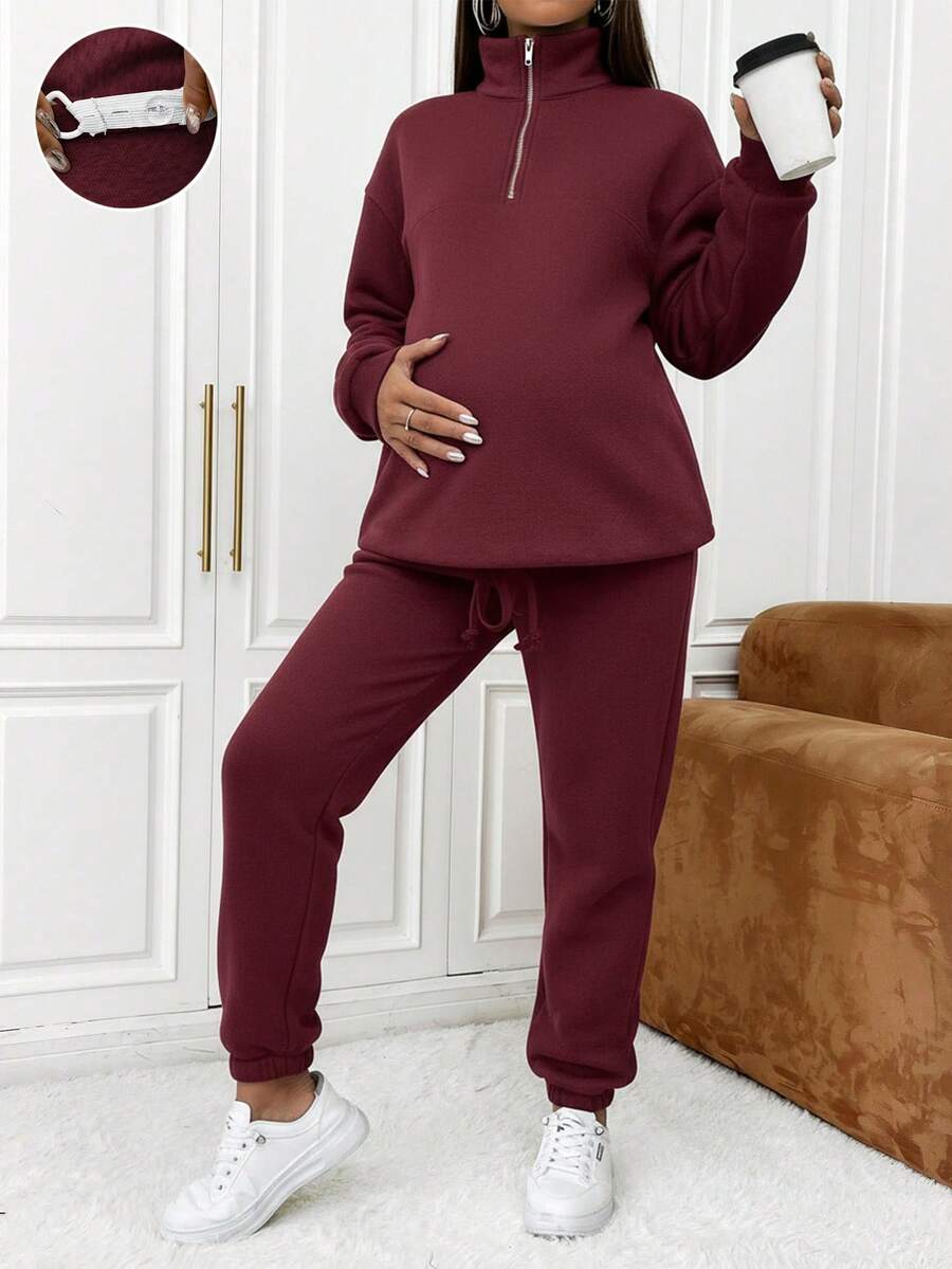 SHEIN 2件套孕妇休闲纯色拉链上衣和裤子套装 - 酒紅色 - 查看 1