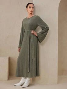 Graceveil Women's Green Autumn Soft Ribbed Knit Fabric Round Neck Flare Sleeve Button Tie Design Long Dress - Army Green - View 6