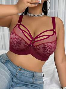 SHEIN 1件加大码蕾丝拼接钢圈文胸，圣诞节 - 紅色 - 查看 4