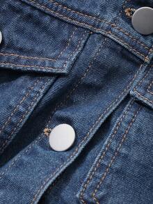 DAZY Short Sleeve Loose Pocket Denim Shirt And Shorts Set For Women - Dark Wash - View 9