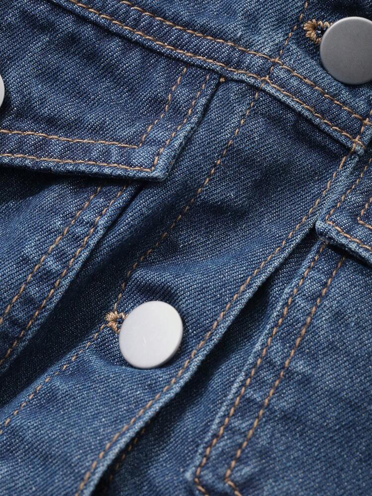 Short Sleeve Loose Pocket Denim Shirt And Shorts Set For Women