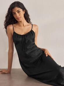 Ocili Satin Jacquard Comfortable Minimalist Slip Dress For Women, Chic Autumn Easy Comfort Autumn Slumber - Black - View 2