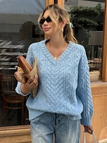 DAZY Damen V-Ausschnitt Drop Shoulder Langarm Lässig Zopfmuster Loose Fit Strickpullover, Herbst - Blau - Übersicht 6