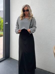 Jeta Ari 两件套秋季针织2件套女式条纹印花圆领长袖上衣和黑色无袖连衣裙 - 黑色 - 查看 6