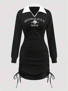Modelyn Đầm nữ in họa tiết dây rút eo thanh lịch và thời trang - Đen và trắng - Xem 3