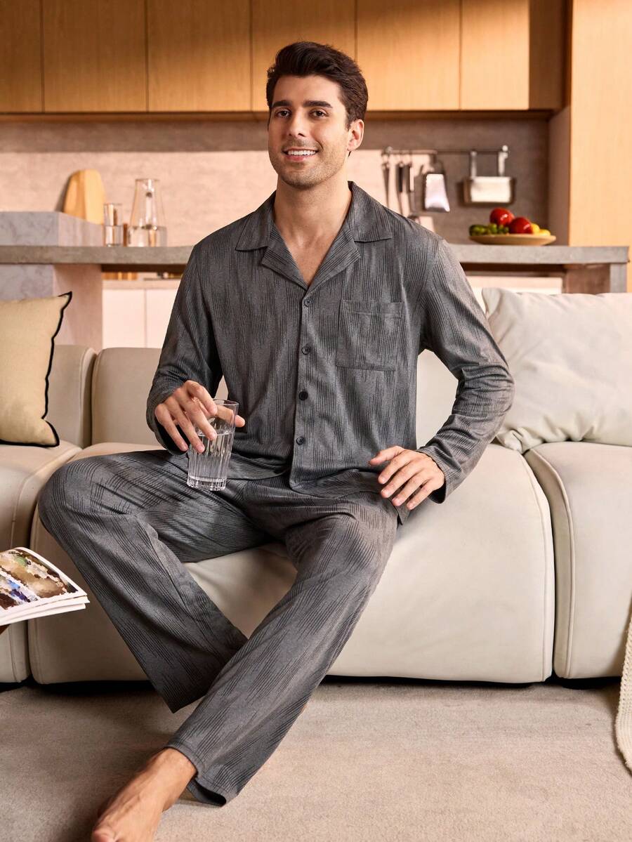 Manfinity Underwear&Sleepwear Basics 男士纽扣翻领长袖上衣和裤子睡衣套装 秋冬服装 - 灰色 - 查看 1