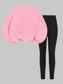 2 件套年轻女孩休闲卡通心形印花落肩宽松圆领长袖运动衫和紧身裤，适合秋冬季 - 彩色 - 查看 3