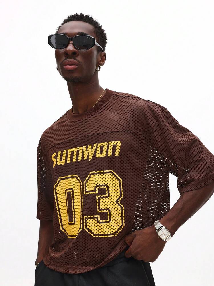 Mesh Jersey Graphic Tee With Varsity Numbers