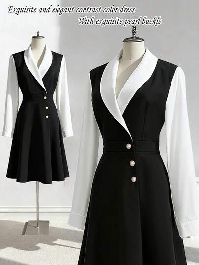 Franclia 女式 V 领褶饰纽扣撞色长袖短款连衣裙，秋季