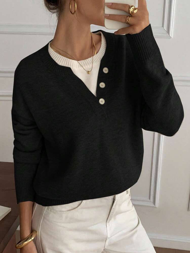 Casual Color Block Henley Neck Pullover, Soft Knit 2 In 1 Sweater For Women