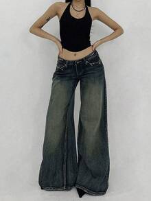 DAZY Quần jeans nữ ống rộng dáng suông có túi, phong cách thường ngày đa năng Y2K - Rửa trung bình - Xem 5