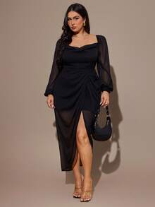 SHEIN BAE Plus Size Women Black Chiffon Long Sleeve Split Ruched Dress - Black - View 2