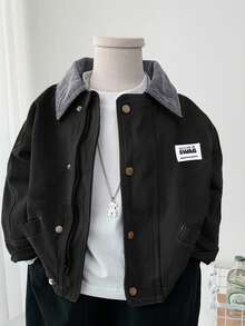 SHEIN 一件男童休闲学院风百搭撞色开襟长袖外套，适合通勤、上学、日常休闲、学院风、返校、校服、幼儿园、生日派对、晚宴、婚礼、洗礼、开学典礼、上学、旅行、运动、秋冬季穿着。 - 黑色 - 查看 6