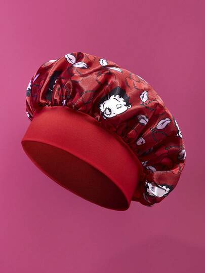 Betty Boop x SHEIN 双层面料，升级版，红色樱桃印花护发帽，宽边弹力缎面睡眠帽，柔软舒适，适合日常居家睡眠、送礼、派对、节日、情人节等场合。