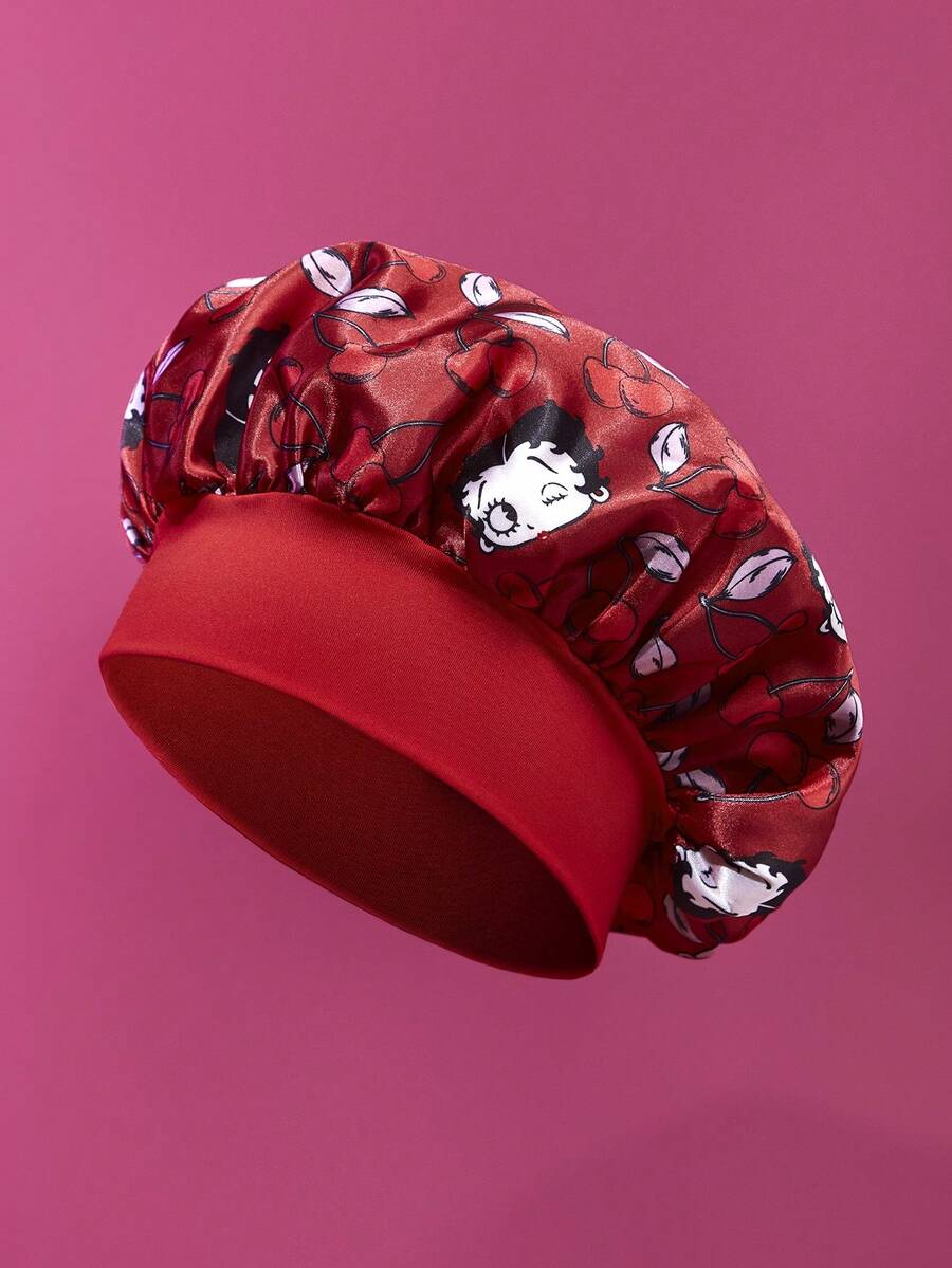Betty Boop x SHEIN 双层面料，升级版，红色樱桃印花护发帽，宽边弹力缎面睡眠帽，柔软舒适，适合日常居家睡眠、送礼、派对、节日、情人节等场合。 - 酒紅色 - 查看 1