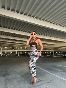 SHEIN SXY Women Tie Dye Printed Ripped & Pleated Stylish Leggings - Multicolor - View 3