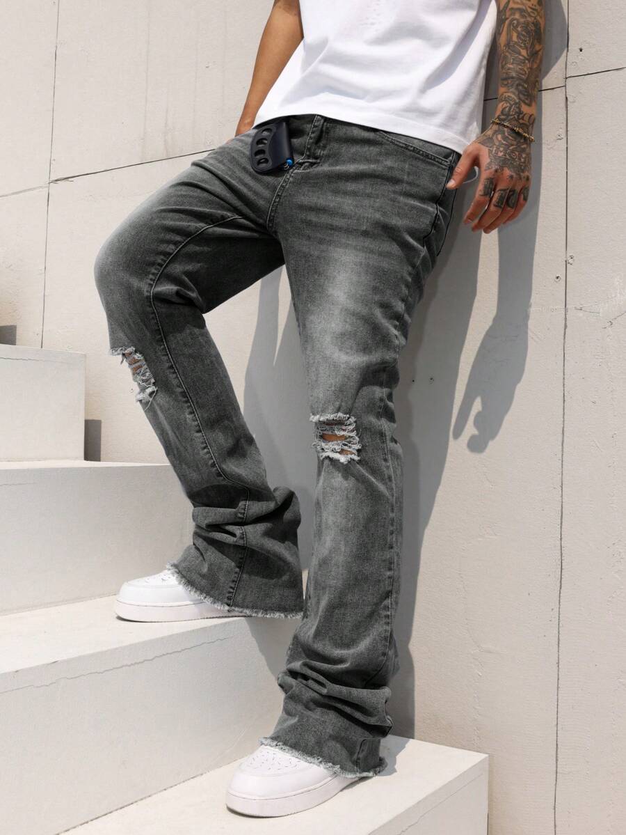 Manfinity Homme Men's Pocket Distressed Frayed Hem Flare Leg Casual Jeans Men Distressed Jeans - Dark Grey - View 1
