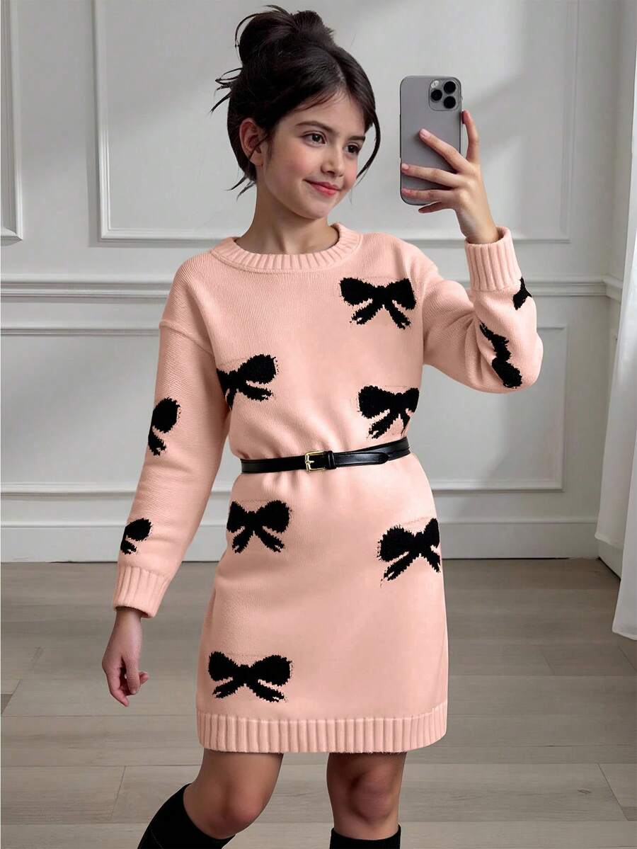 SHEIN 1件套女童毛衣裙,可爱款式,黑色蝴蝶结提花图案,圆领,常规袖长,袖口和下摆收紧,常规厚度,优雅象牙色针织裙,知性时尚修身,适合春秋冬 - 粉色 - 查看 1