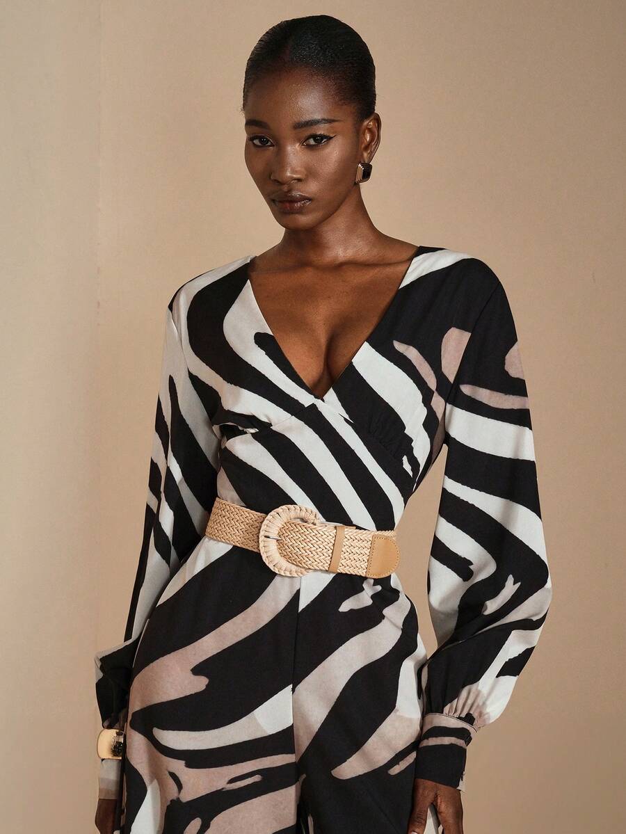 JIAN LASALA V Neck Multi Waving Print Bishop Sleeves Smocking Waist Wide Leg Casual Women Jumpsuit Luxury Stylish Clothing Collection Elegant Graphic Jumpsuit - Multicolor - View 1