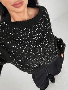 SHEIN MOOSTA Fashionable Sequin Embellished Party Sweater For Women - Black - View 5