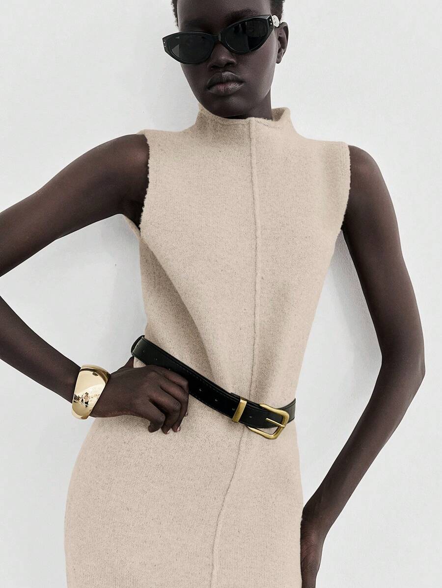 Lumivelle 女士棕色无袖时尚毛衣裙 - 杏色 - 查看 1