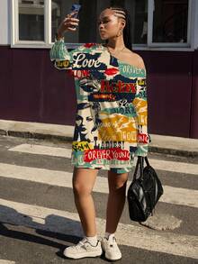 Slaydiva Casual Vintage Poster Graphic Print Plus Size Women Shoulder Strap Dress, Streetwear, Y2K All Over Print Dress Graphic Dress Women Dress Fashion Dress - Multicolor - View 5