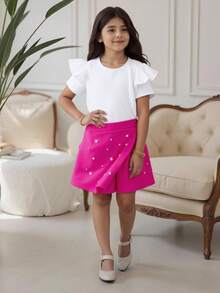 Tween Girls 2pcs Set: Solid Ribbed Cap Sleeve T-Shirt & Faux Pearl Trim Skort, School, Campus, College Summer Holiday - Hot Pink - View 4