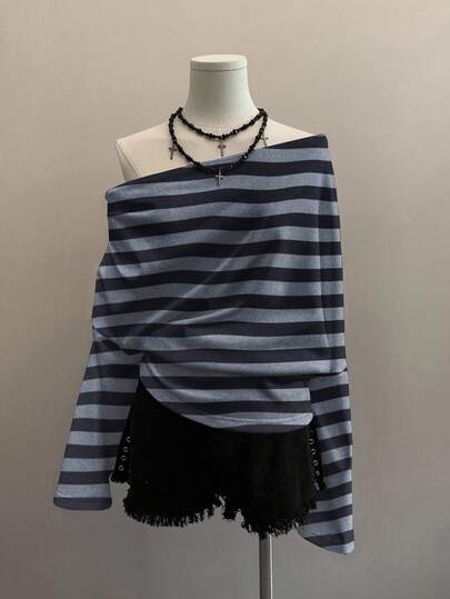 Attitoon 女式斜肩褶皱设计长袖运动衫，休闲简约复古朋克 Y2K 黑灰条纹，秋冬舒适