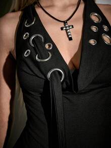 ROMWE Avant Women's Retro Y2K Baddie Metal Grommet Decor Draped Neck All-Match Sexy Camisole, Versatile - Black - View 5