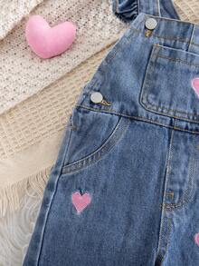SHEIN 女婴粉色心形刺绣蓝色牛仔连体裤 - 深色水洗藍 - 查看 5