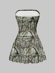 ROMWE Grunge Punk Vintage Ruched Sexy Mini Ruched Bodycon Strapless Low Waist A-Line Dress For Women - Army Green - View 2