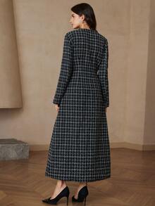 BELROSIE Elegant Autumn Black And White Checkered English Style Plaid Cross Pattern Metal Buckle Thick Fabric Double Pocket A-Line Long Sleeve Dining Dress - Black and White - View 5